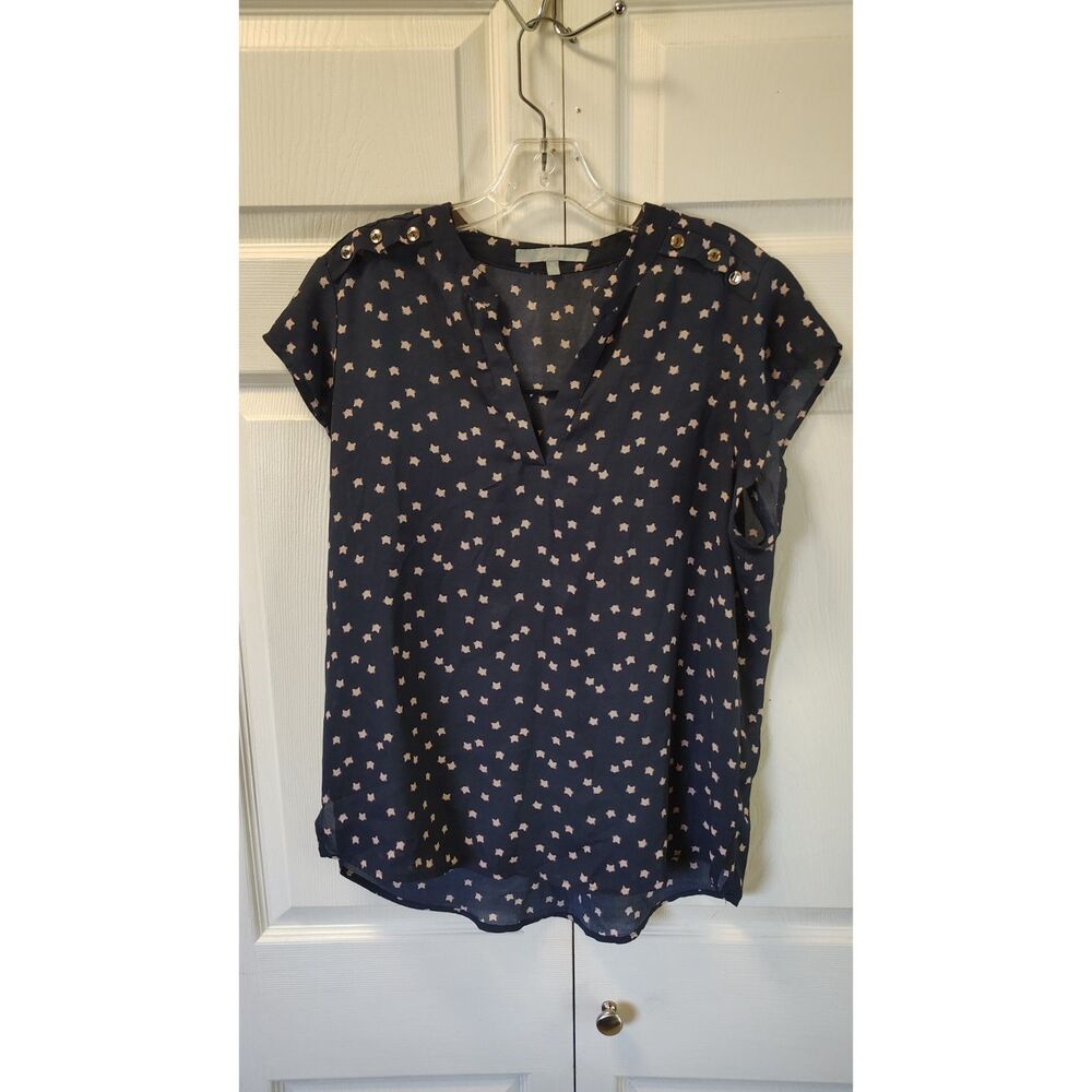 Sweet Rain Navy Blue Pink Cat Face Print Split V-Neck Cap Sleeve Blouse Top XL